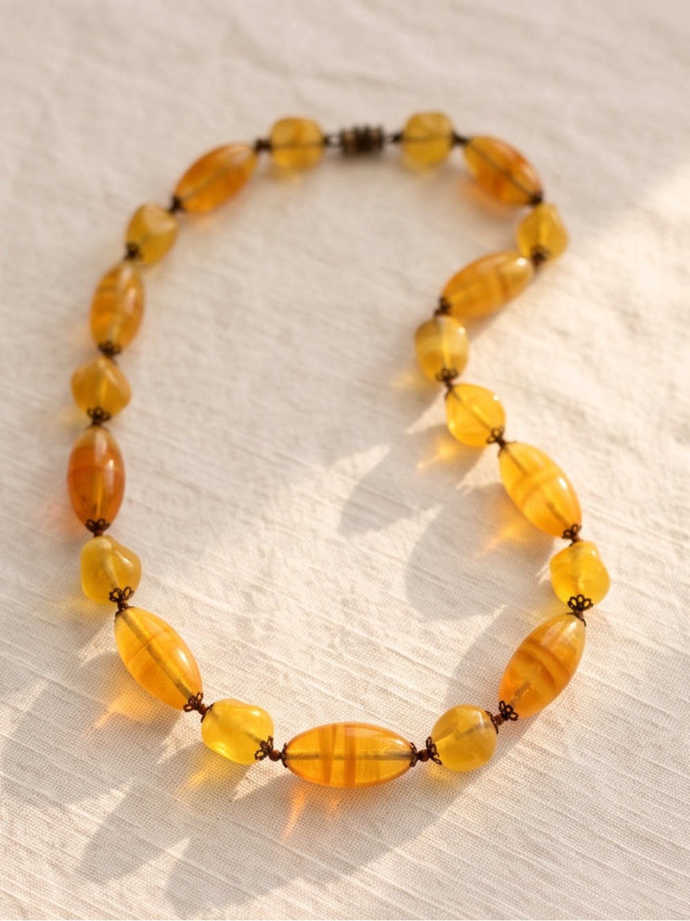 Vintage Faux Amber Glass Bead Necklace 16”